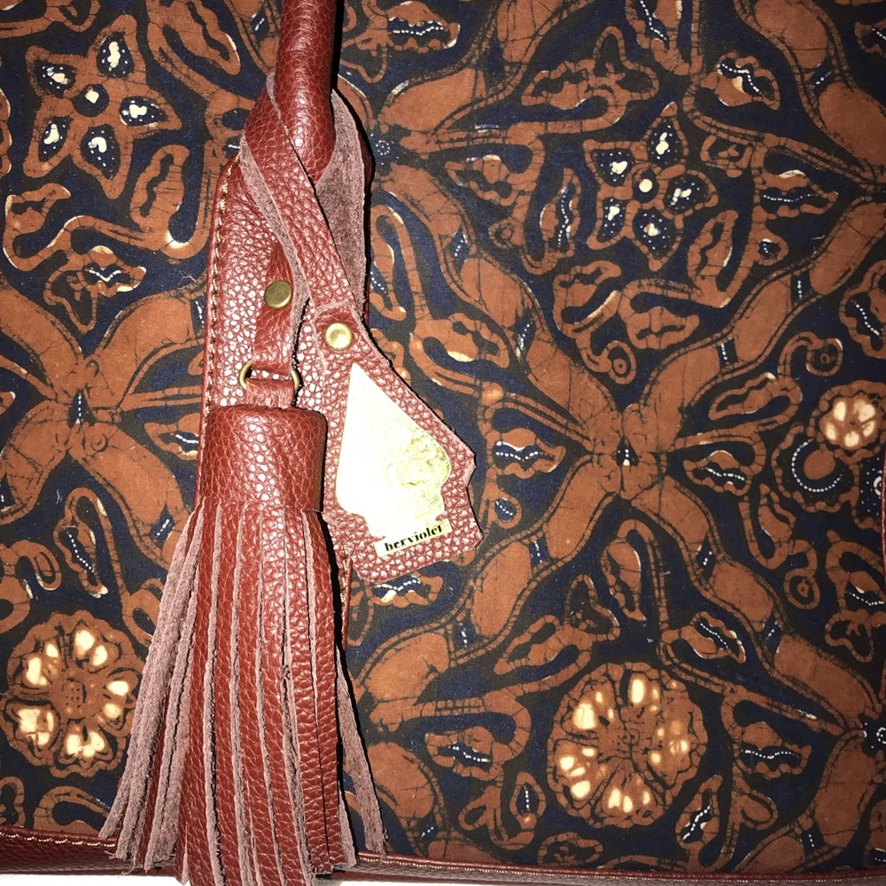 Brand new dark brown leather ethnic Batik Tote Bag - Picture 8 of 8